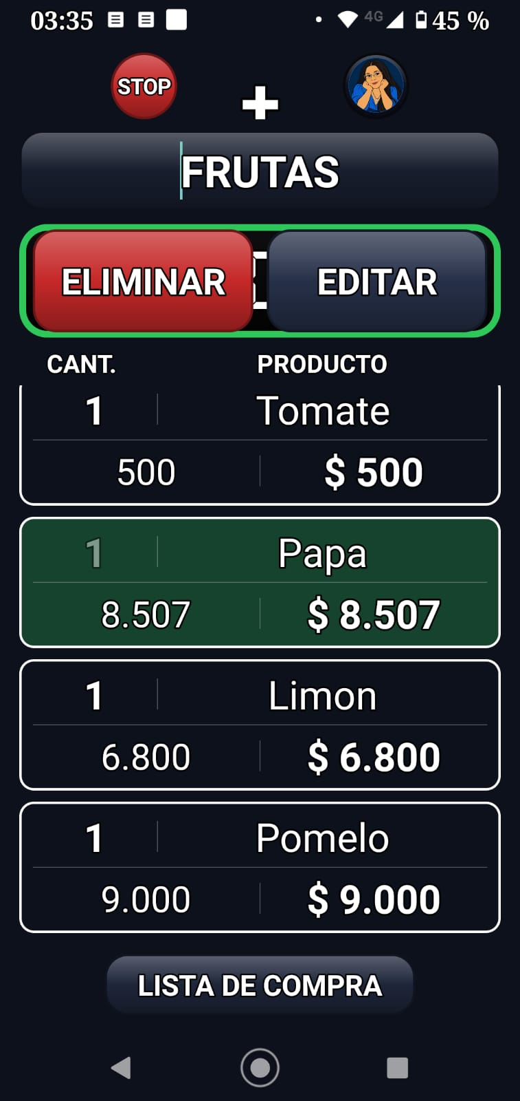 Captura real: FRUTAS, editar o eliminar productos